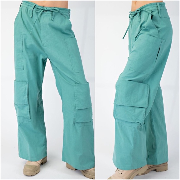 Easel Teal Green Cotton Wide leg Cargo Pants - Picture 2 of 3